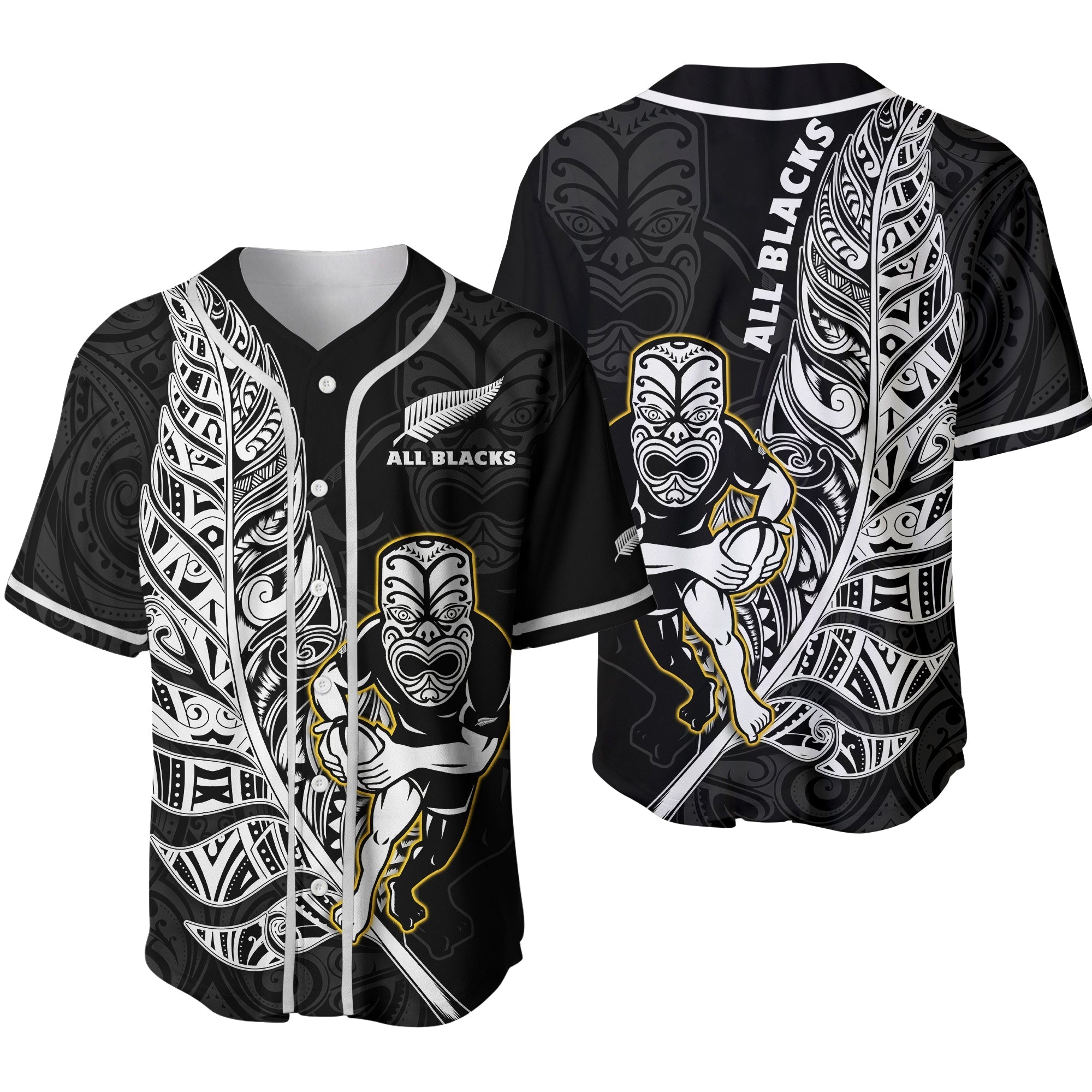 New Zealand 2022 Rugby Baseball Jersey All Black Silver Fern Maori Pattern Version Black Ver.02 - Wonder Print Shop