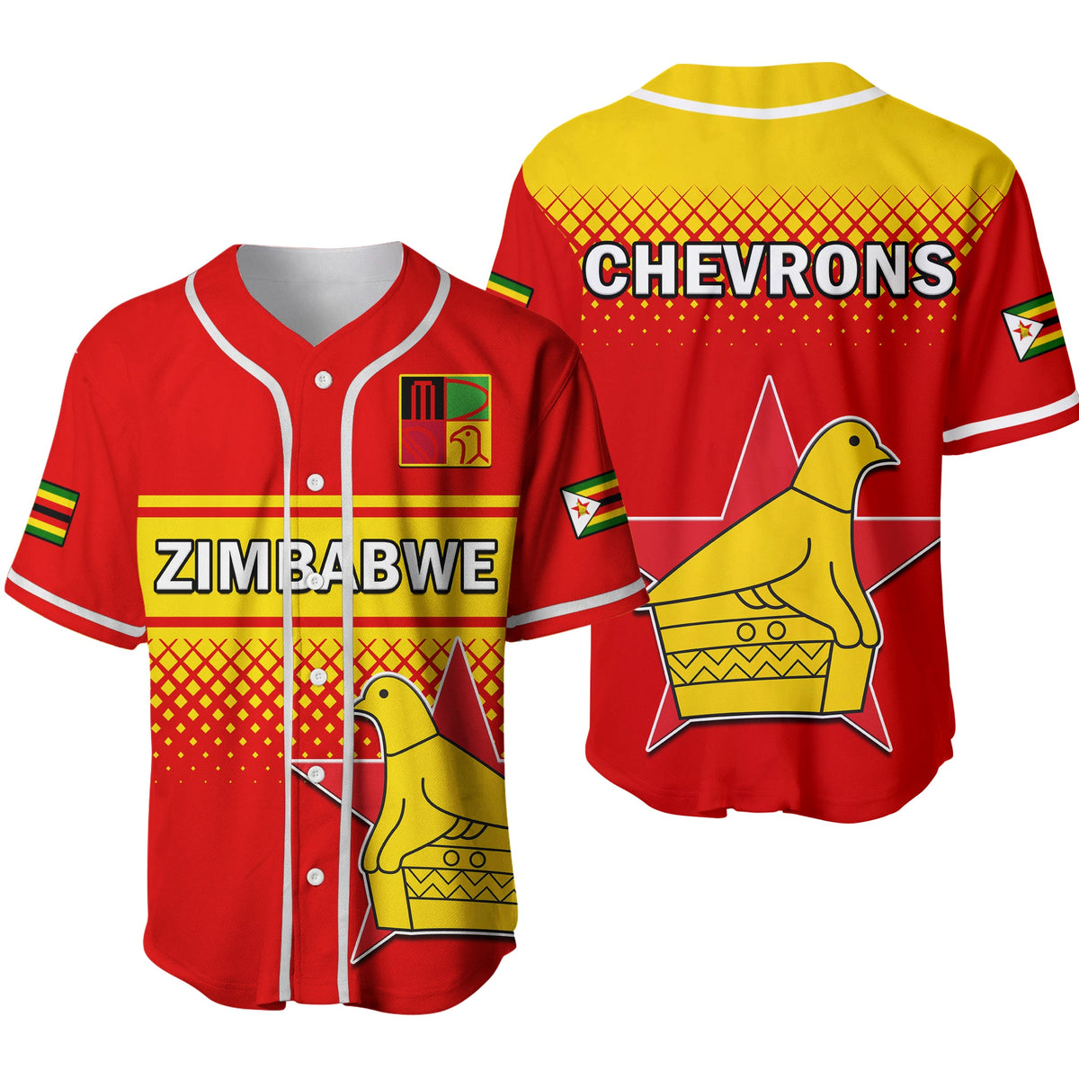 Red cricket baseball jersey with white trim, ZIMBABWE front, CHEVRONS and bird graphic back