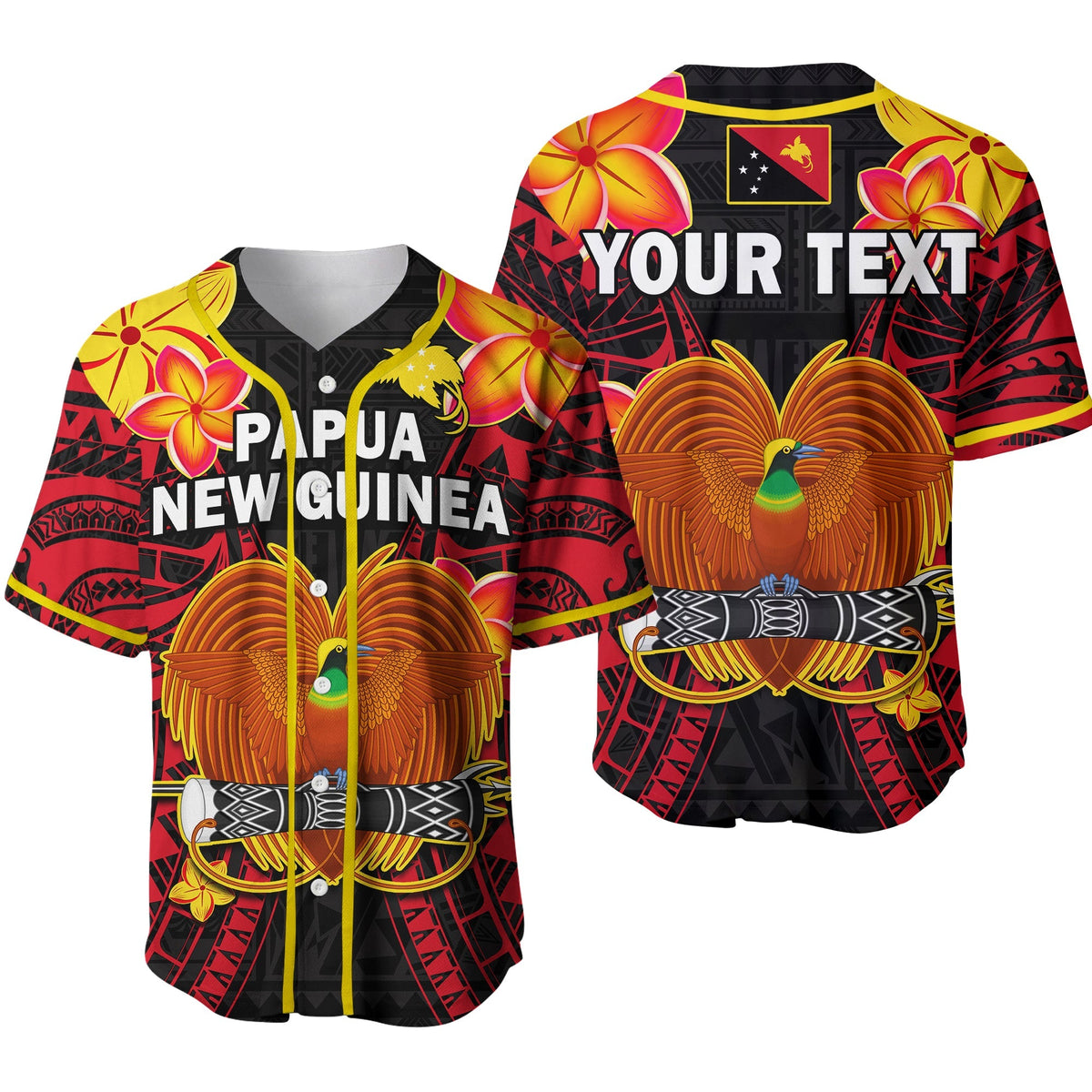 Black baseball jersey with bold red/yellow Polynesian pattern, bird of paradise, button front