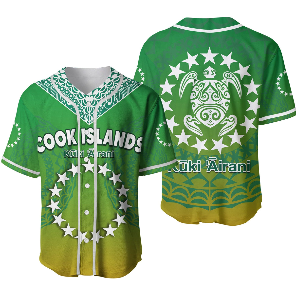 Green baseball jersey with sea turtle circle graphic, stars, and white button placket