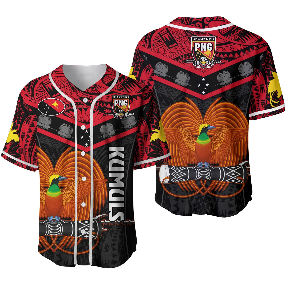 Black PNG rugby baseball jersey with bird-of-paradise and crest, button front.