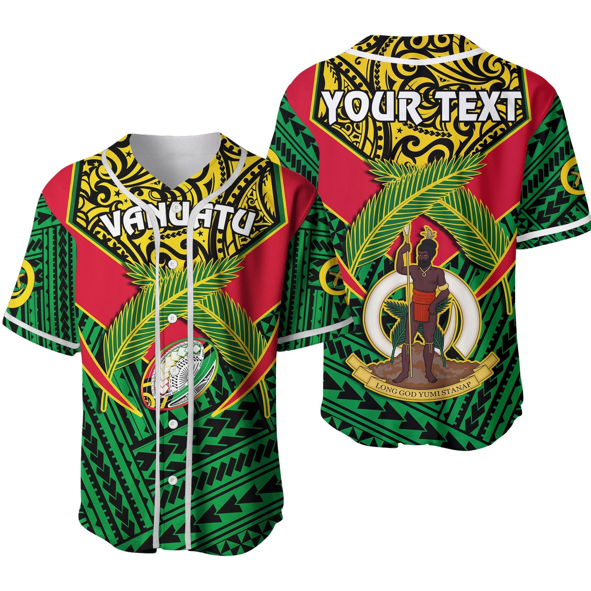 Custom Personalised Vanuatu Rugby Baseball Jersey Coat Of Arms Polynesian Pattern Ver.02 - Wonder Print Shop