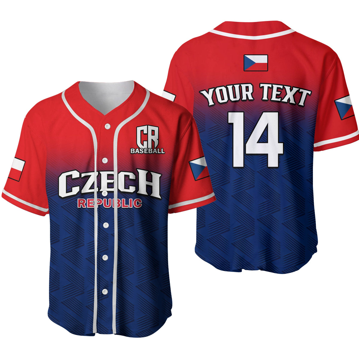 Baseball jersey, blue/red with white trim, button front; 'Czech Republic' and 14