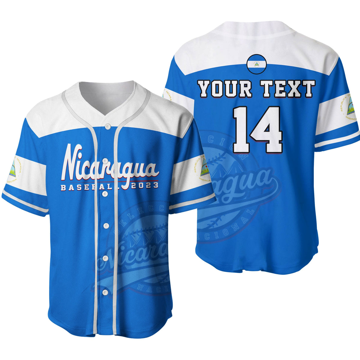 Blue baseball jersey with white trim, Nicaragua Baseball 2023 text and number 14
