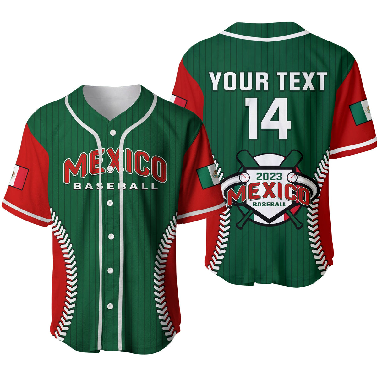 Green Mexico baseball jersey with red sleeves, button front, YOUR TEXT 14