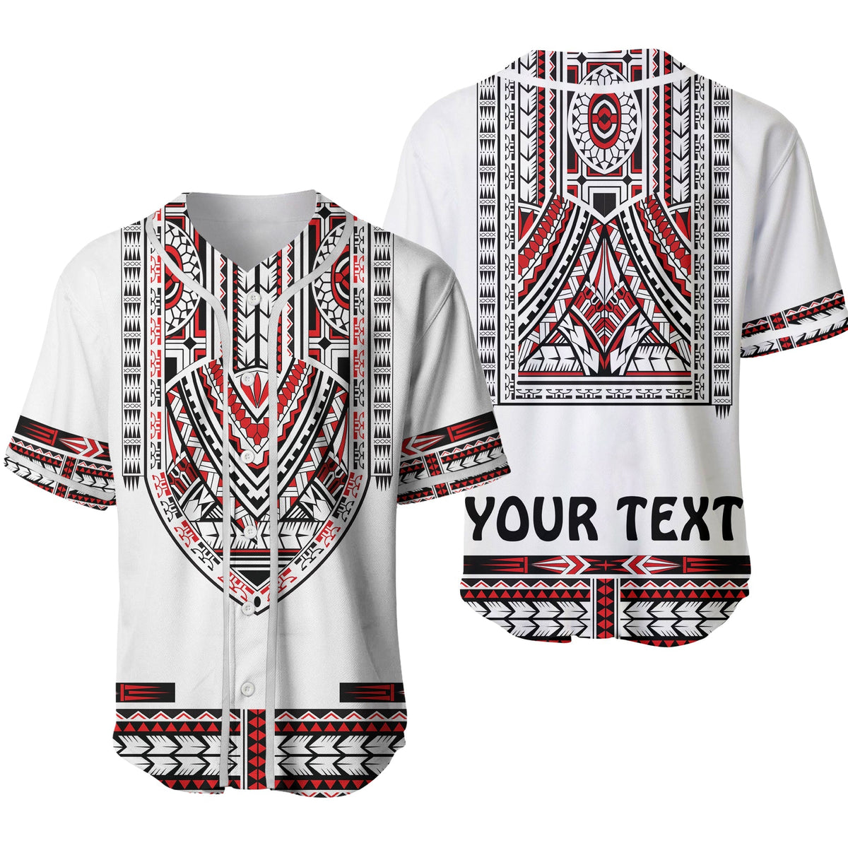 White baseball jersey with red/black tribal dashiki print and 'YOUR TEXT' band