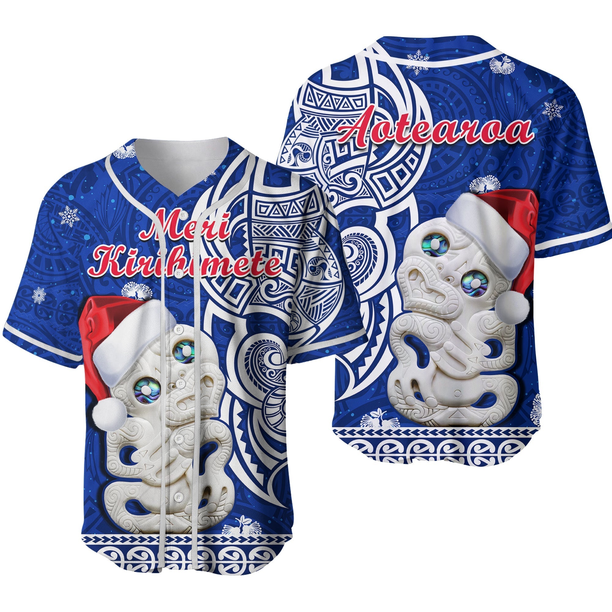 New Zealand Christmas Baseball Jersey Hei Tiki Blue Pohutukawa Meri Kirihimete Ver.02 - Wonder Print Shop