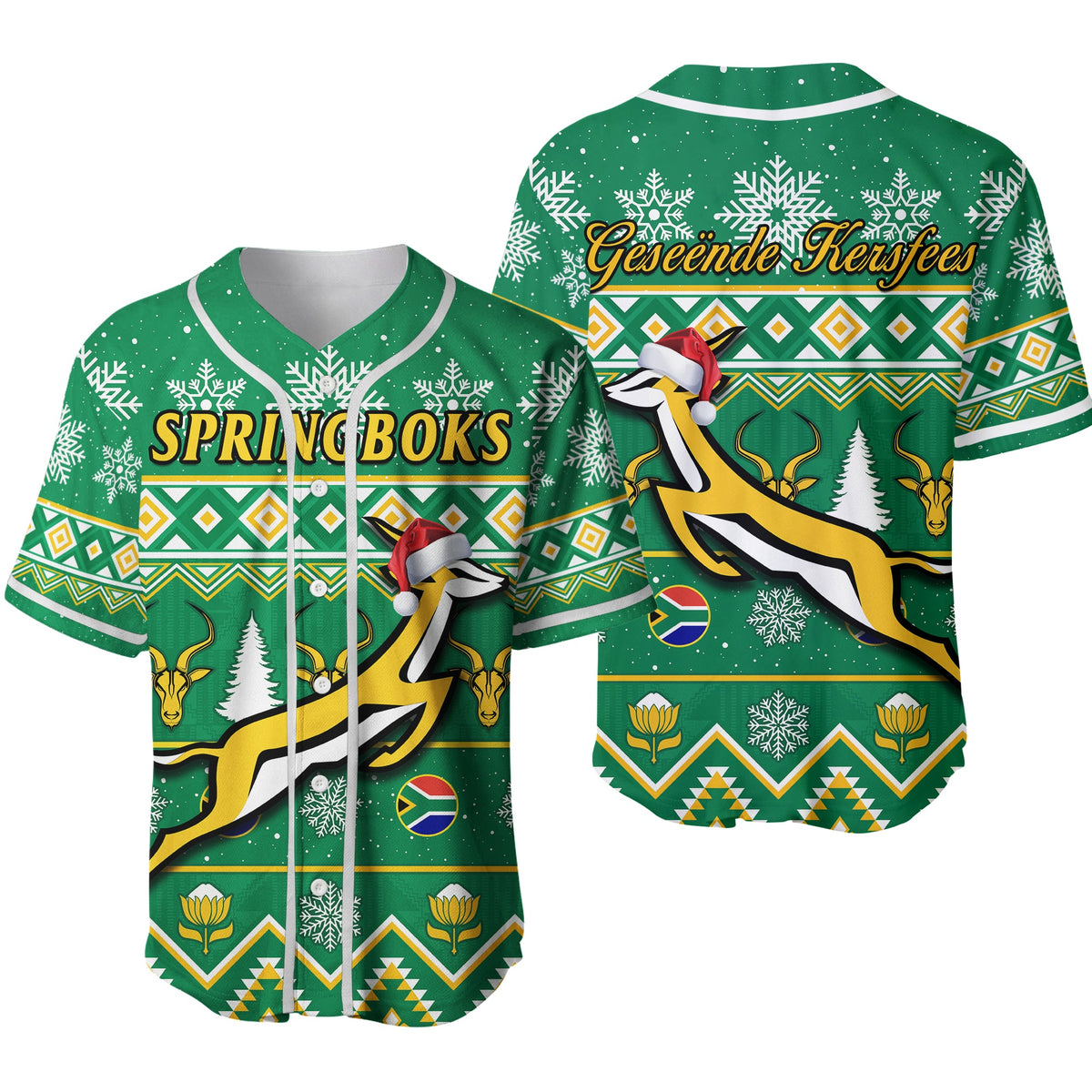 Green baseball jersey with button front, snowflake winter print and SPRINGBOKS text