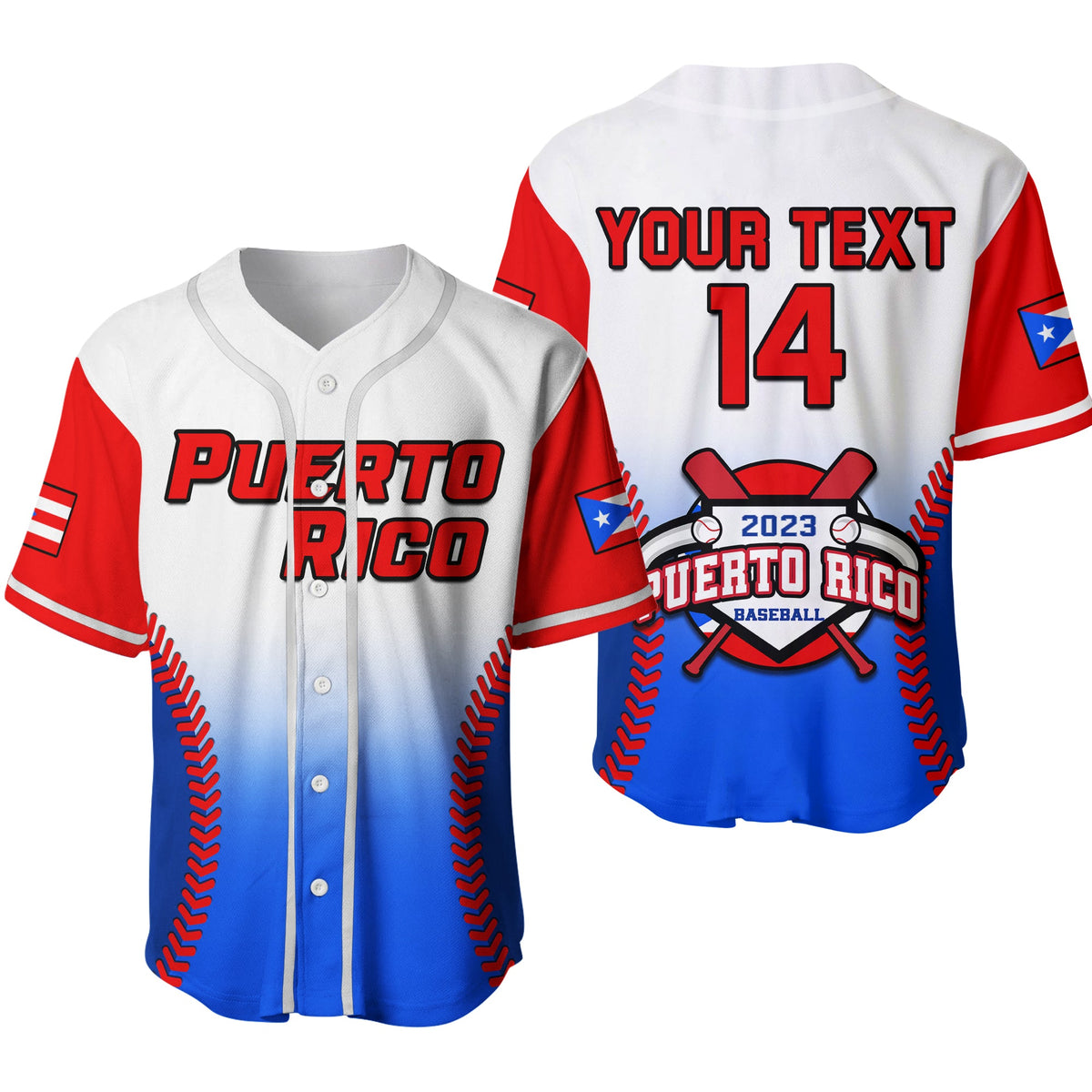 Baseball jersey set with Puerto Rico graphics, red sleeves, blue hem, buttons, and number 14