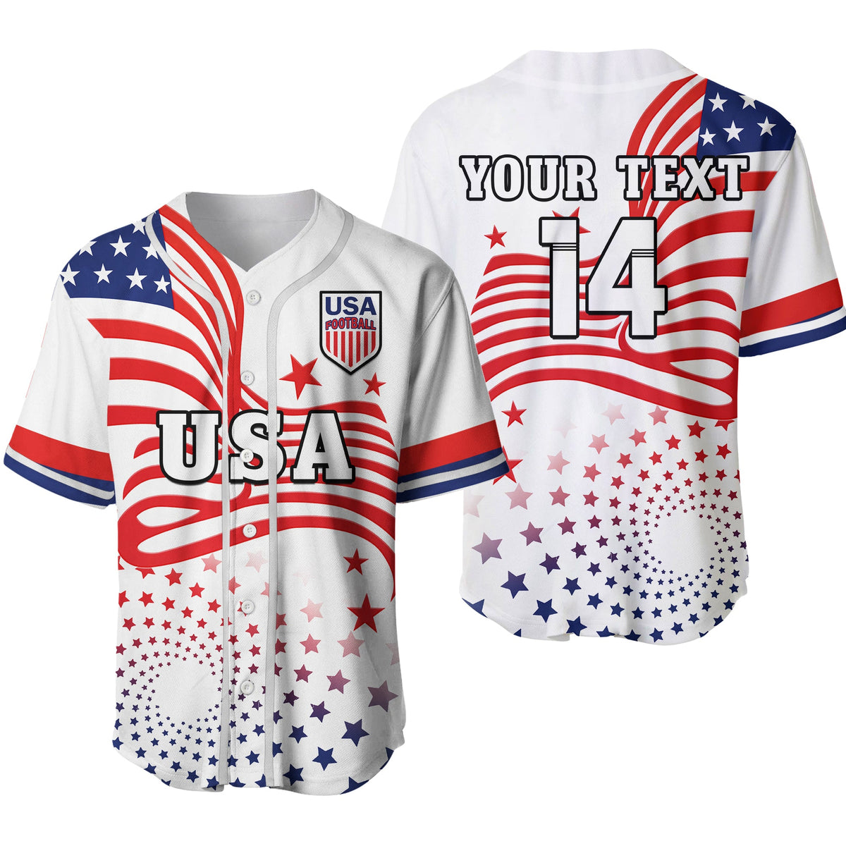 White USA baseball jersey with button front, stars stripes, custom text and 14 print.
