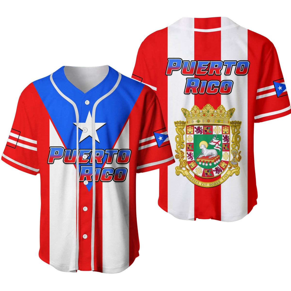 Puerto Rico baseball jersey coat with red, white and blue stripes, star and crest front