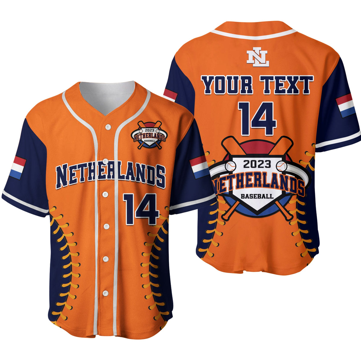 Orange and navy baseball jersey with V-neck, button front, Netherlands text and 14
