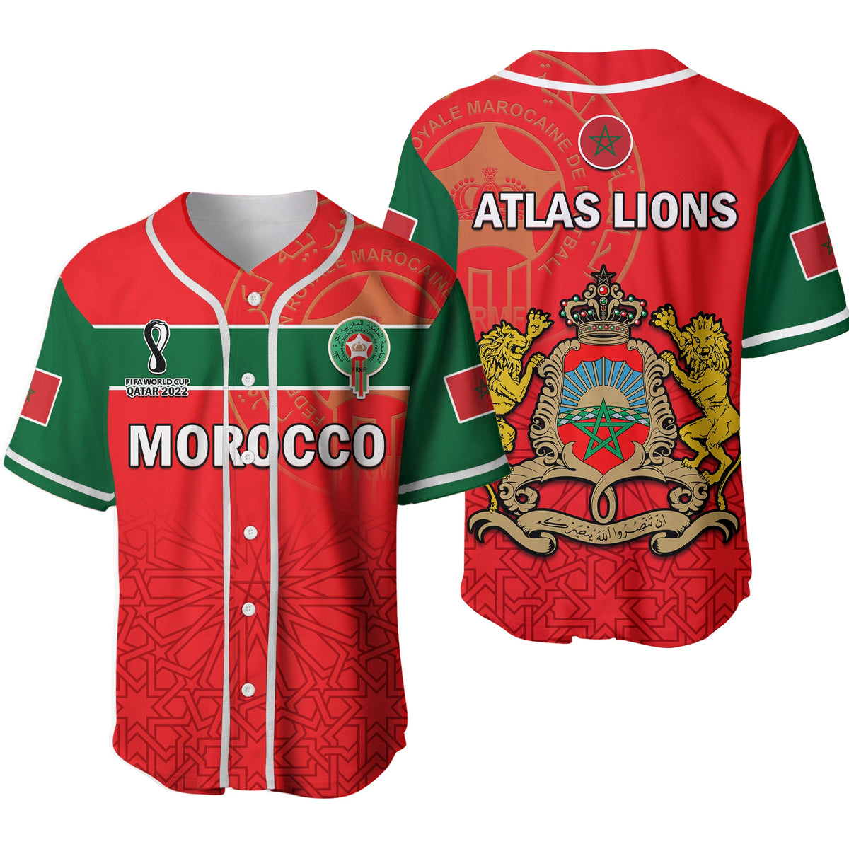 Red Morocco Atlas Lions baseball jersey with green sleeves, striped collar, front and back view