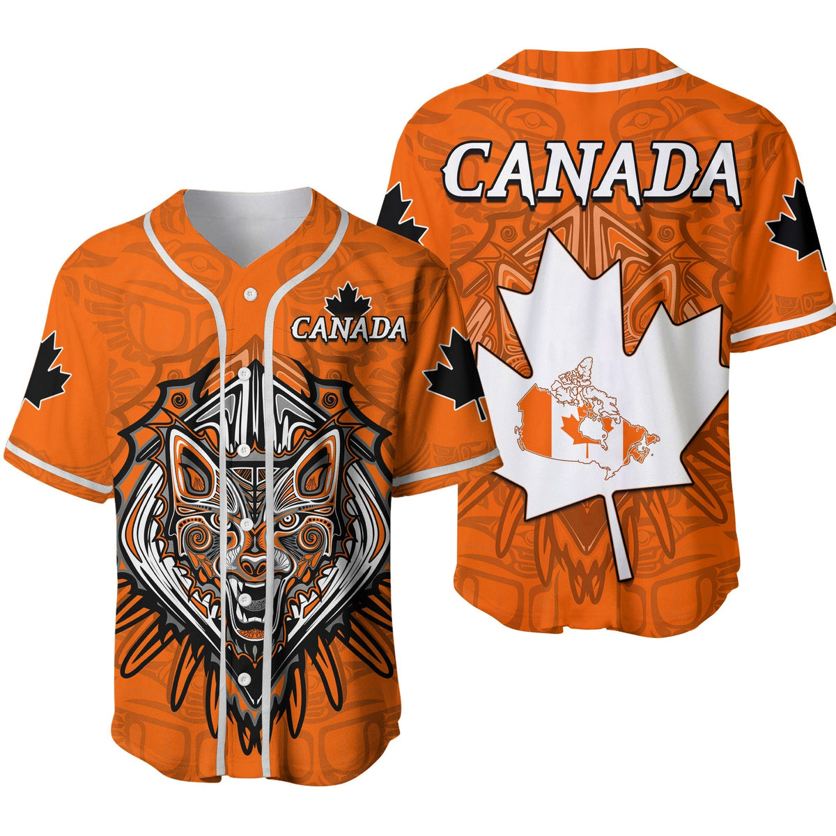 Orange Canada baseball jersey with wolf face front and Canada logo