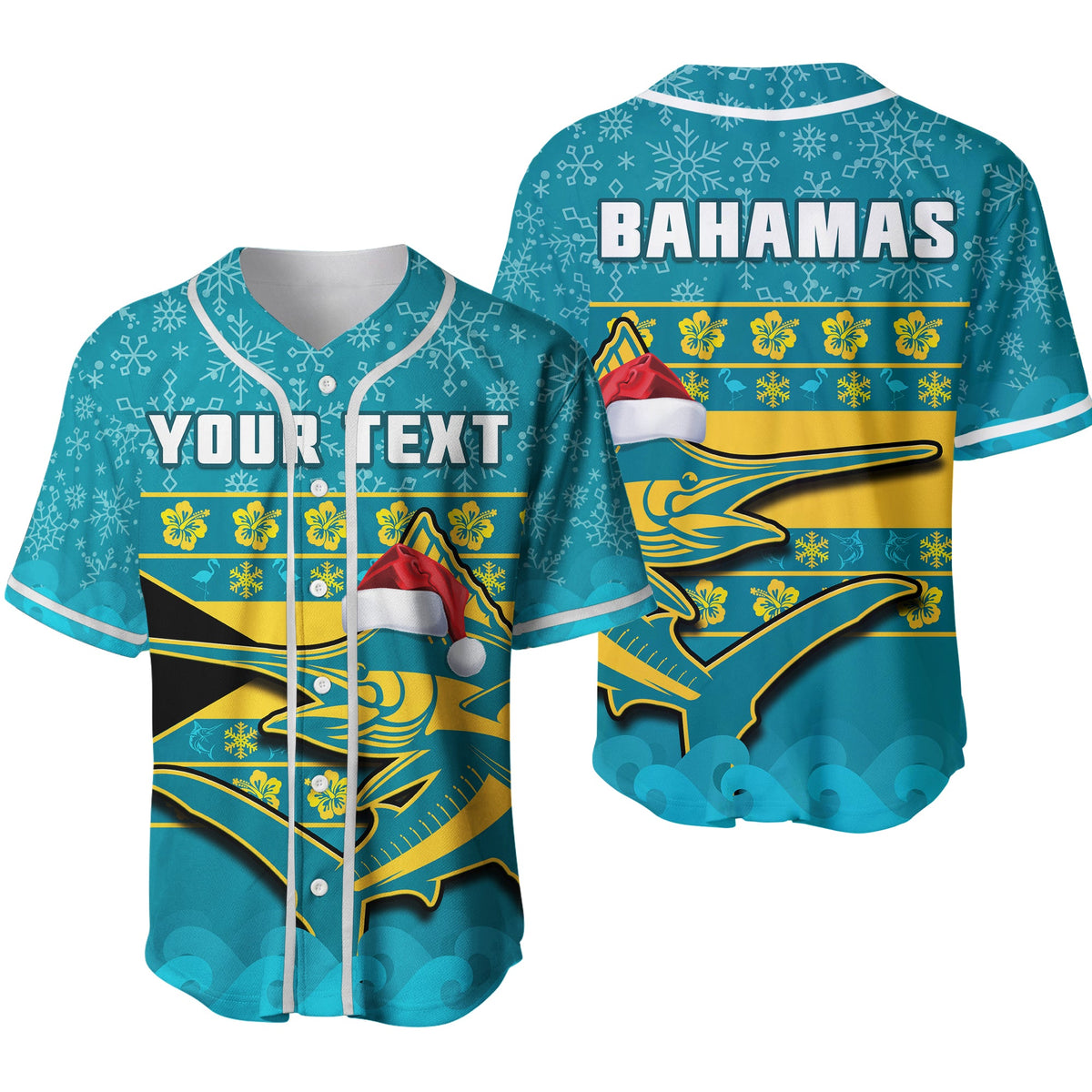 Teal baseball jersey with holiday snowflakes, custom text panel, and marlin graphic