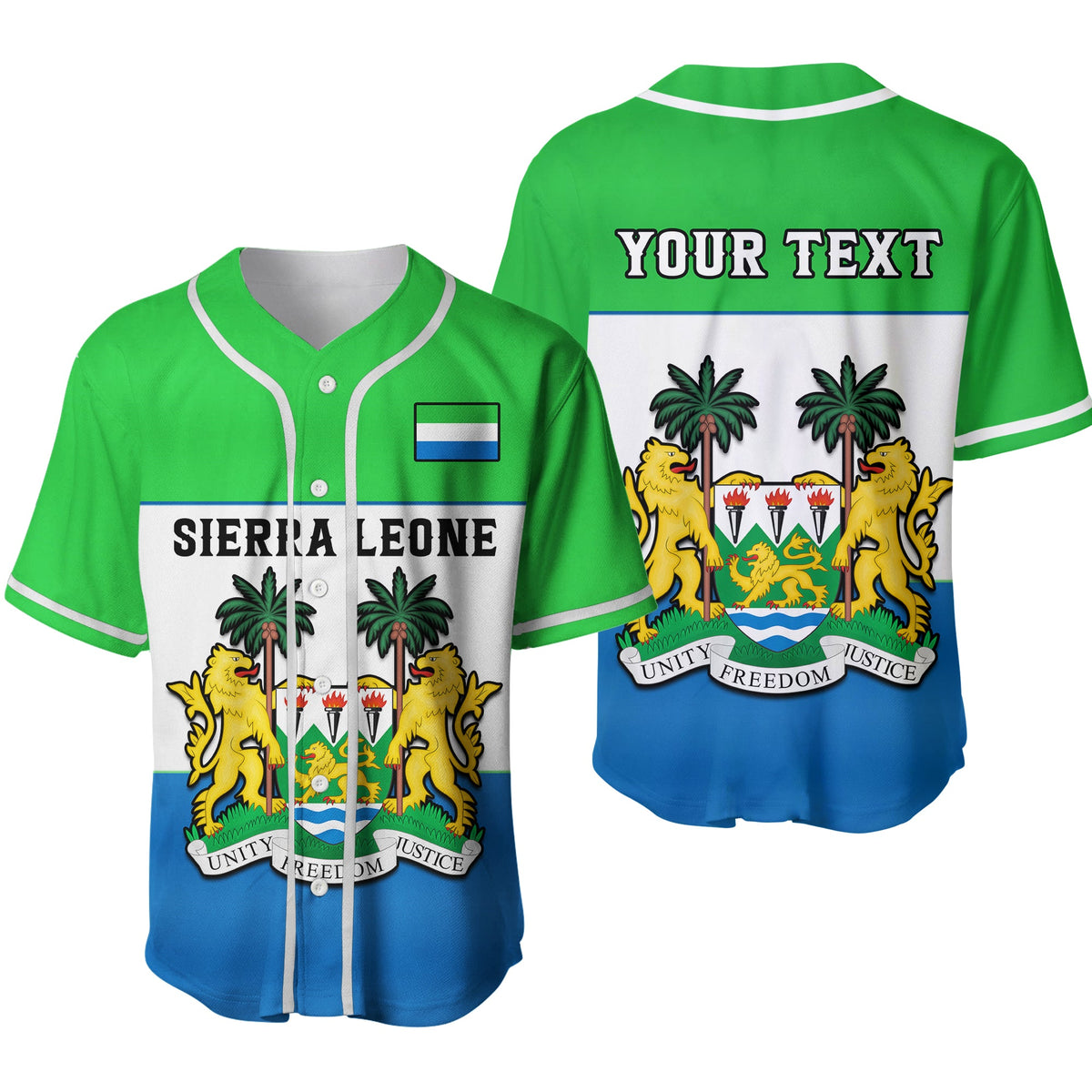 Green and blue baseball jersey with white panel, 'SIERRA LEONE' front and 'YOUR TEXT' back.