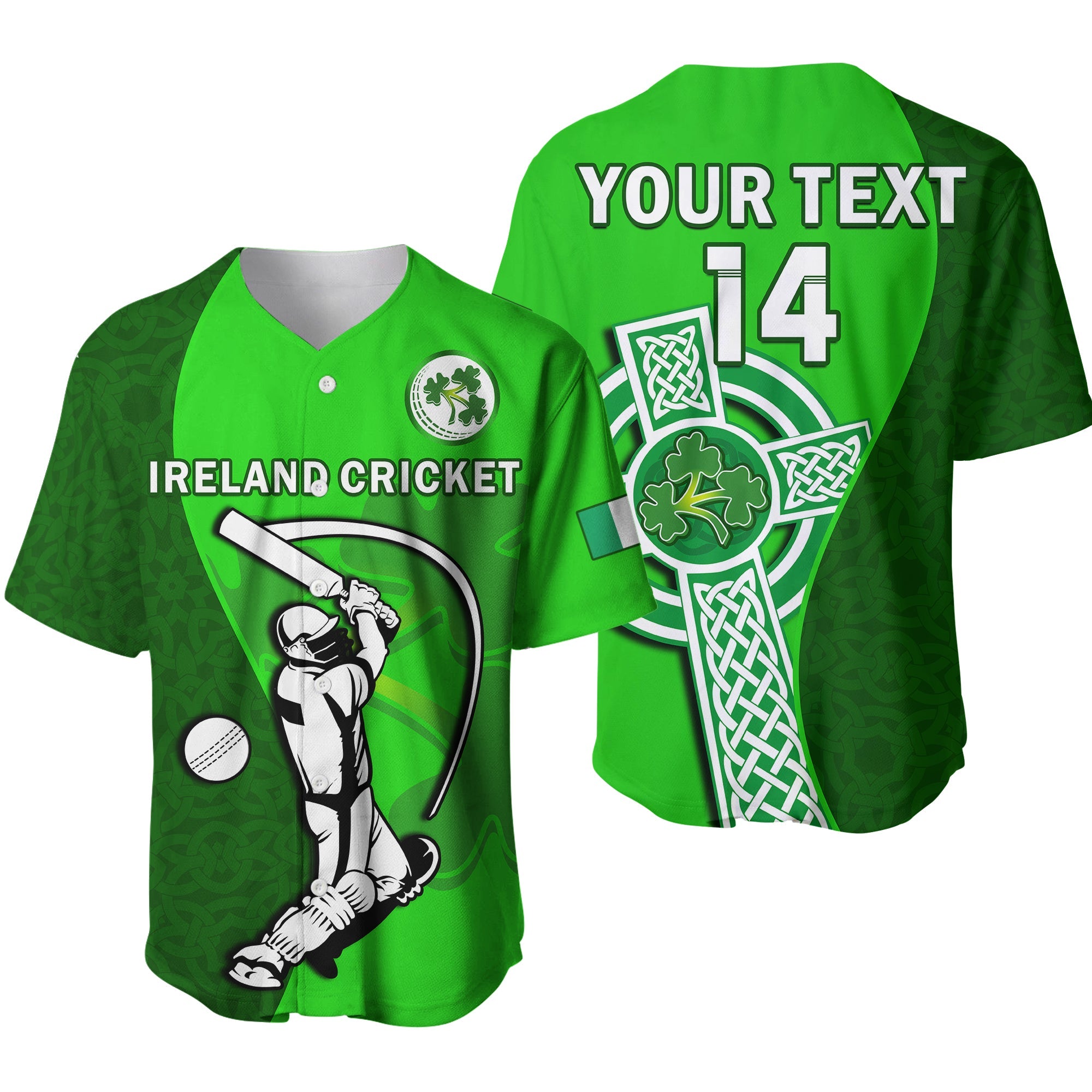 (Custom Text And Number) Ireland Cricket Baseball Jersey Irish Flag Celtic Cross Sporty Style - Wonder Print Shop