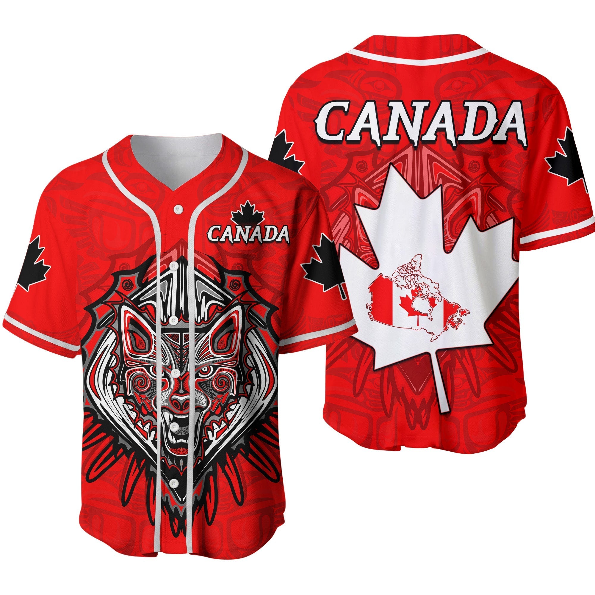 Canada Maple Leaf Baseball Jersey Red Haida Wolf LT13 - Wonder Print Shop