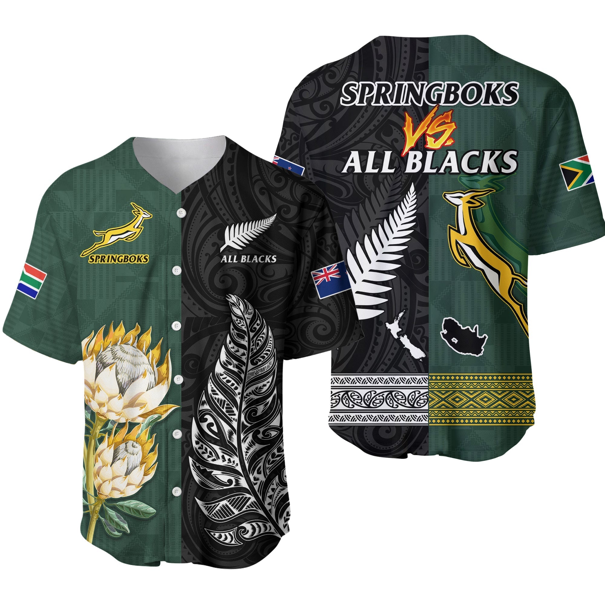 South Africa Protea and New Zealand Fern Baseball Jersey Rugby Go Springboks vs All Black LT13 - Wonder Print Shop