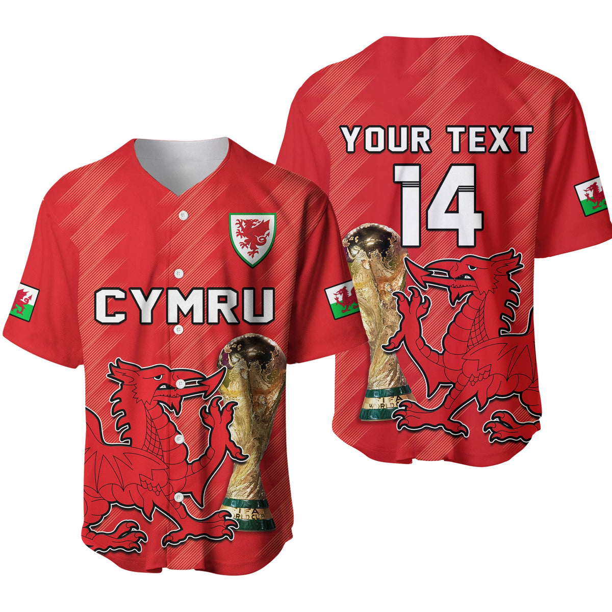 Red Wales baseball jersey set, front and back, custom text, number 14, dragon crest