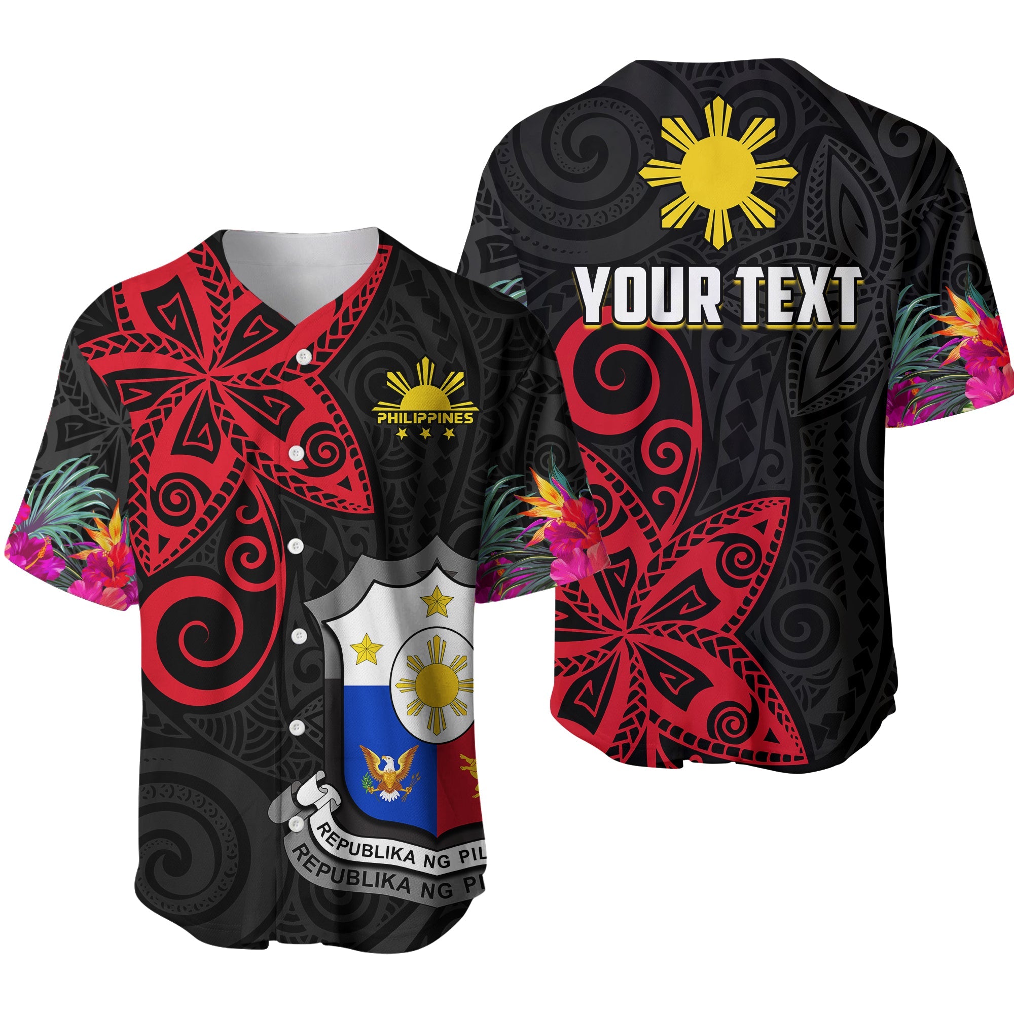 (Custom Personalised) Philippines Baseball Jersey Sun Filipino Polynesian mix Flowers Black Vibe LT13 - Wonder Print Shop