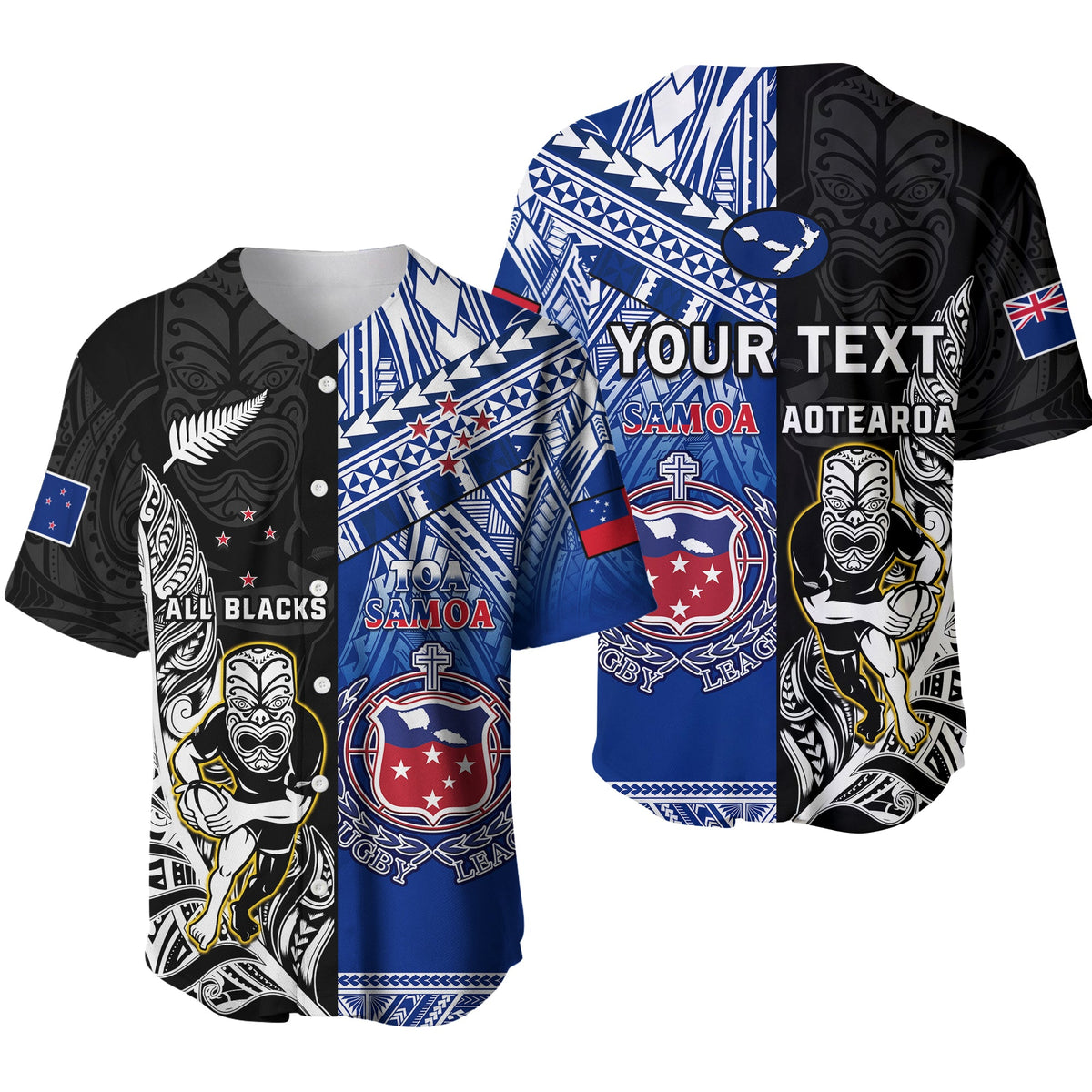 Rugby baseball jersey with black and blue Polynesian pattern, button-front and fold-over collar