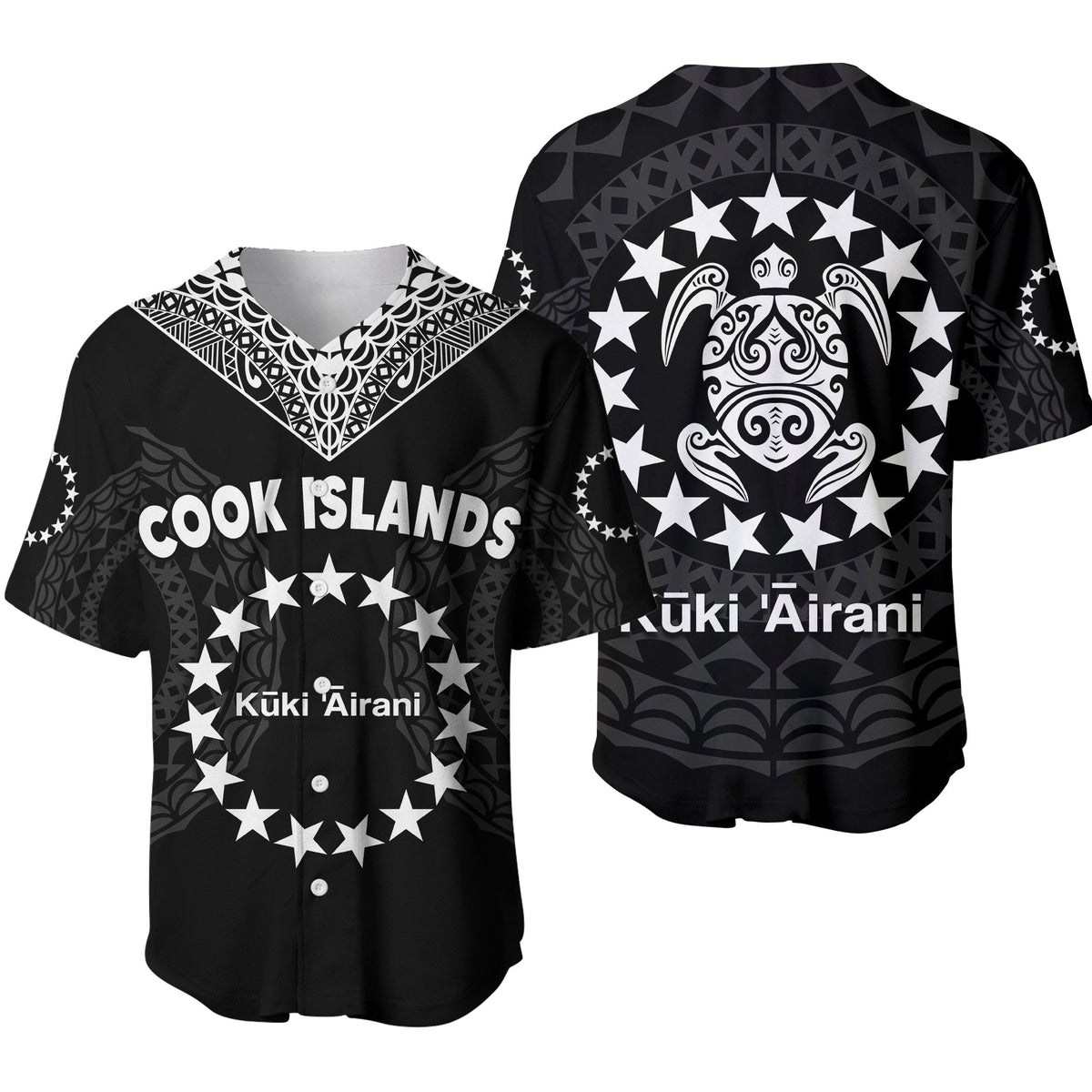 Black baseball jersey with sea turtle graphic, star border, and Cook Islands text