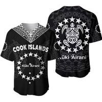 Black baseball jersey with sea turtle graphic, star border, and Cook Islands text