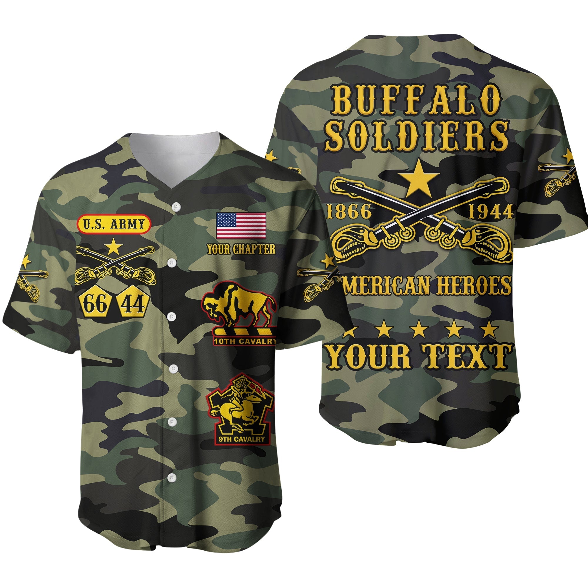 (Custom Text and Chapter) Buffalo Soldiers Baseball Jersey Camouflage American Heroes BSMC Ver.01 LT13 - Wonder Print Shop