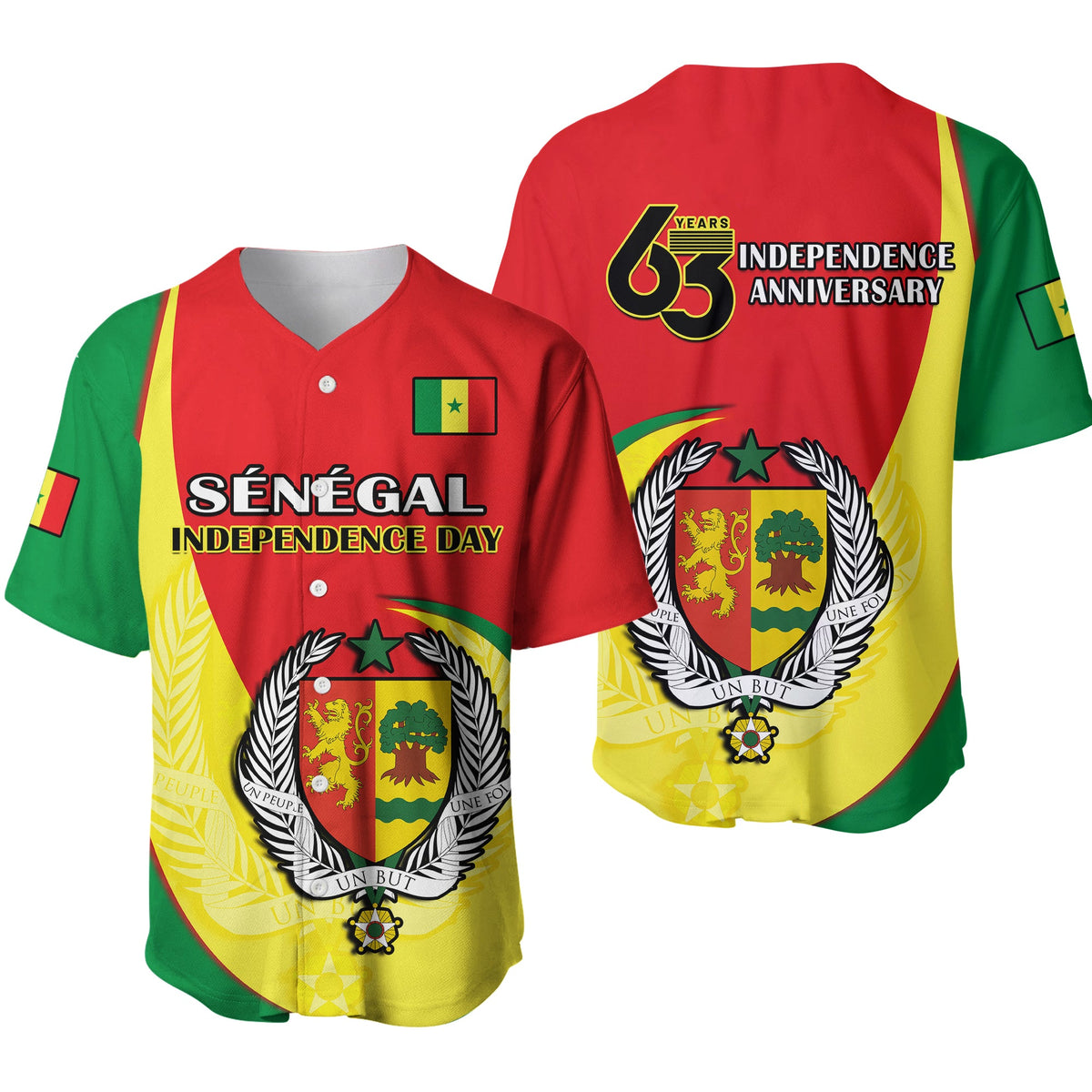 Senegal baseball jersey with V-neck, red with green/yellow panels and 65th independence crest