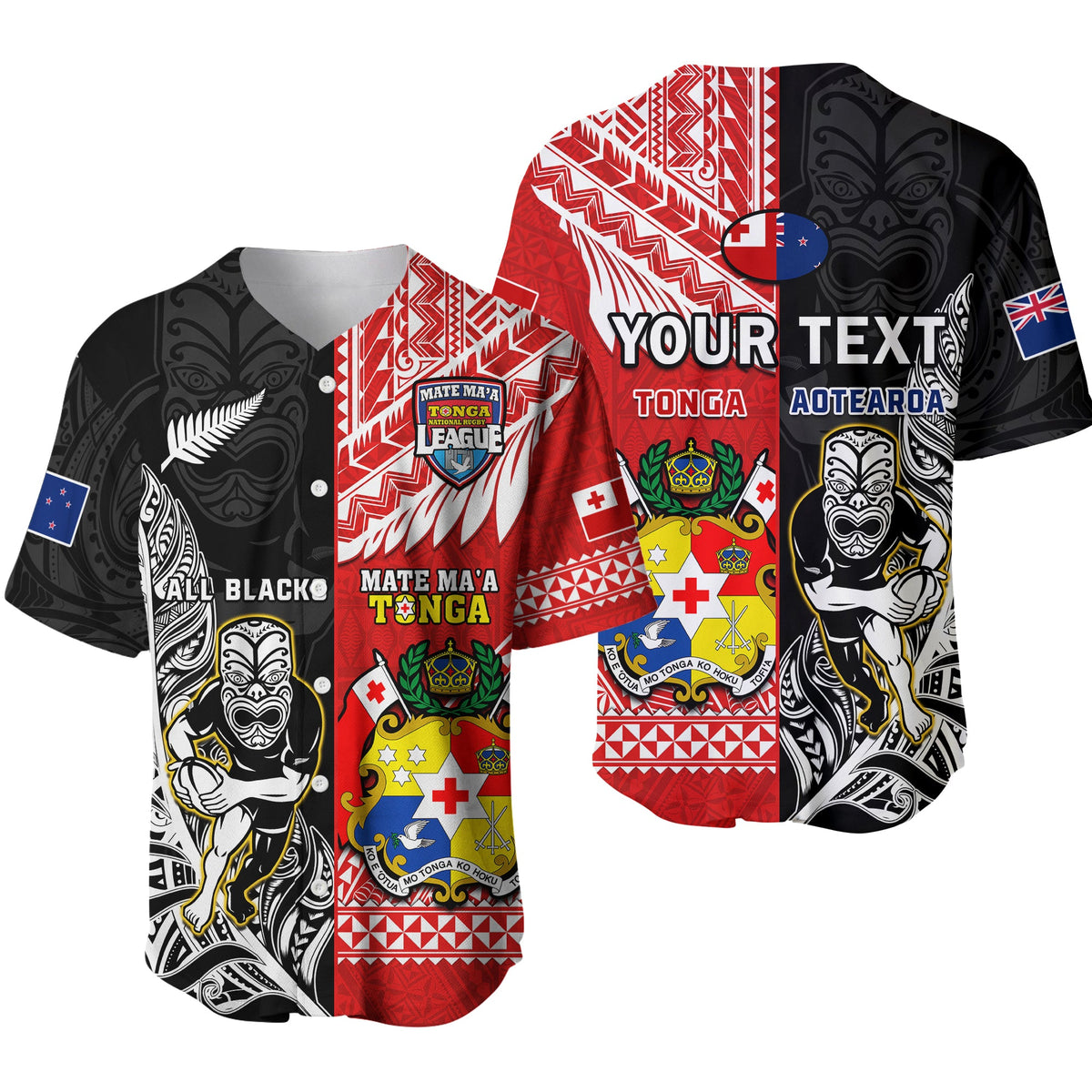 Red and black rugby baseball jersey with Polynesian tribal crest and bold lettering