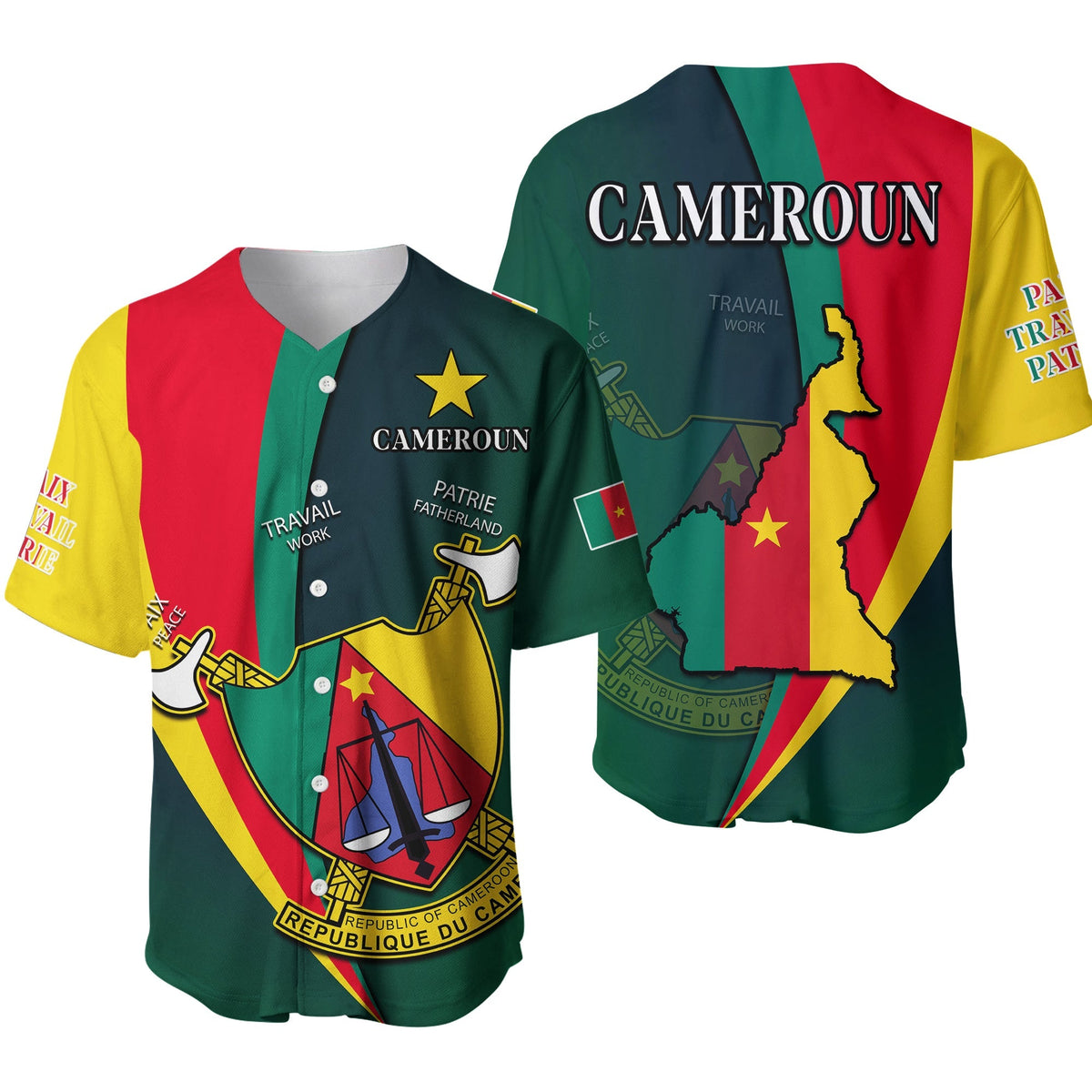 Cameroon Baseball Jersey grün mit CAMEROUN-Text und Karten-/Flaggen-Design