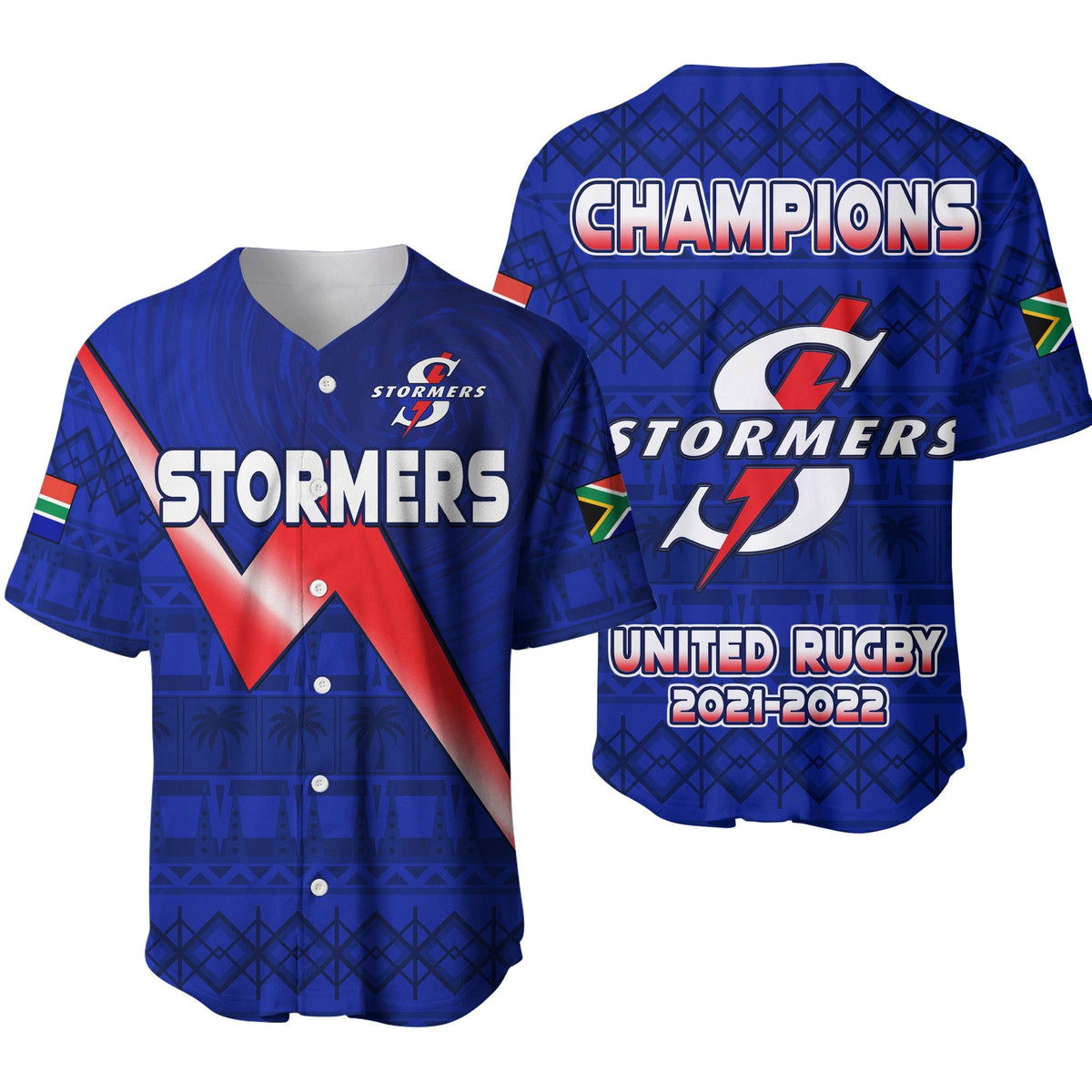 Blue Stormers rugby baseball jersey, front and back graphics with 'Champions' and 'United Rugby'