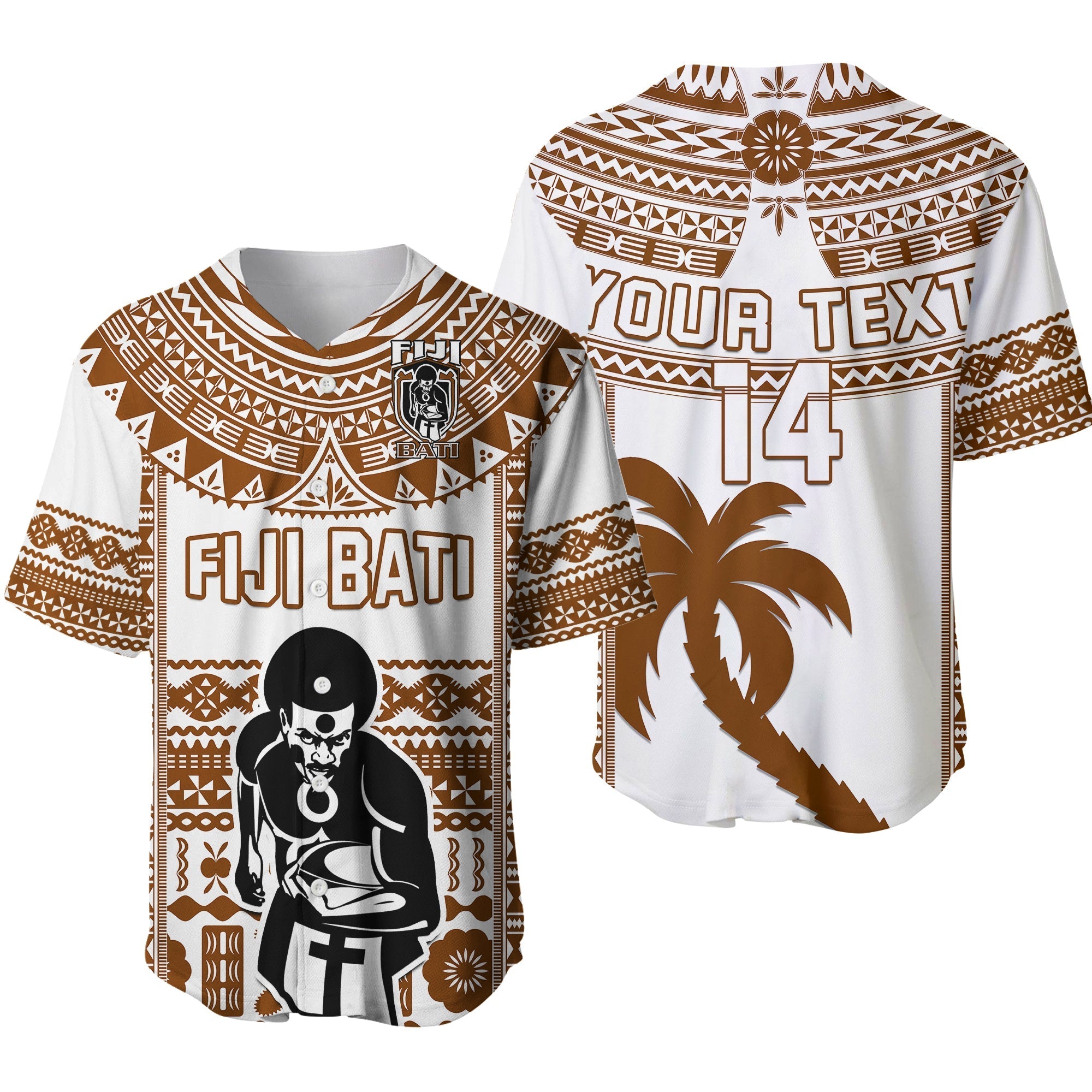 Custom Text And Number Fiji Rugby Baseball Jersey Pacific The Bati Brown Fijian Tapa - Wonder Print Shop