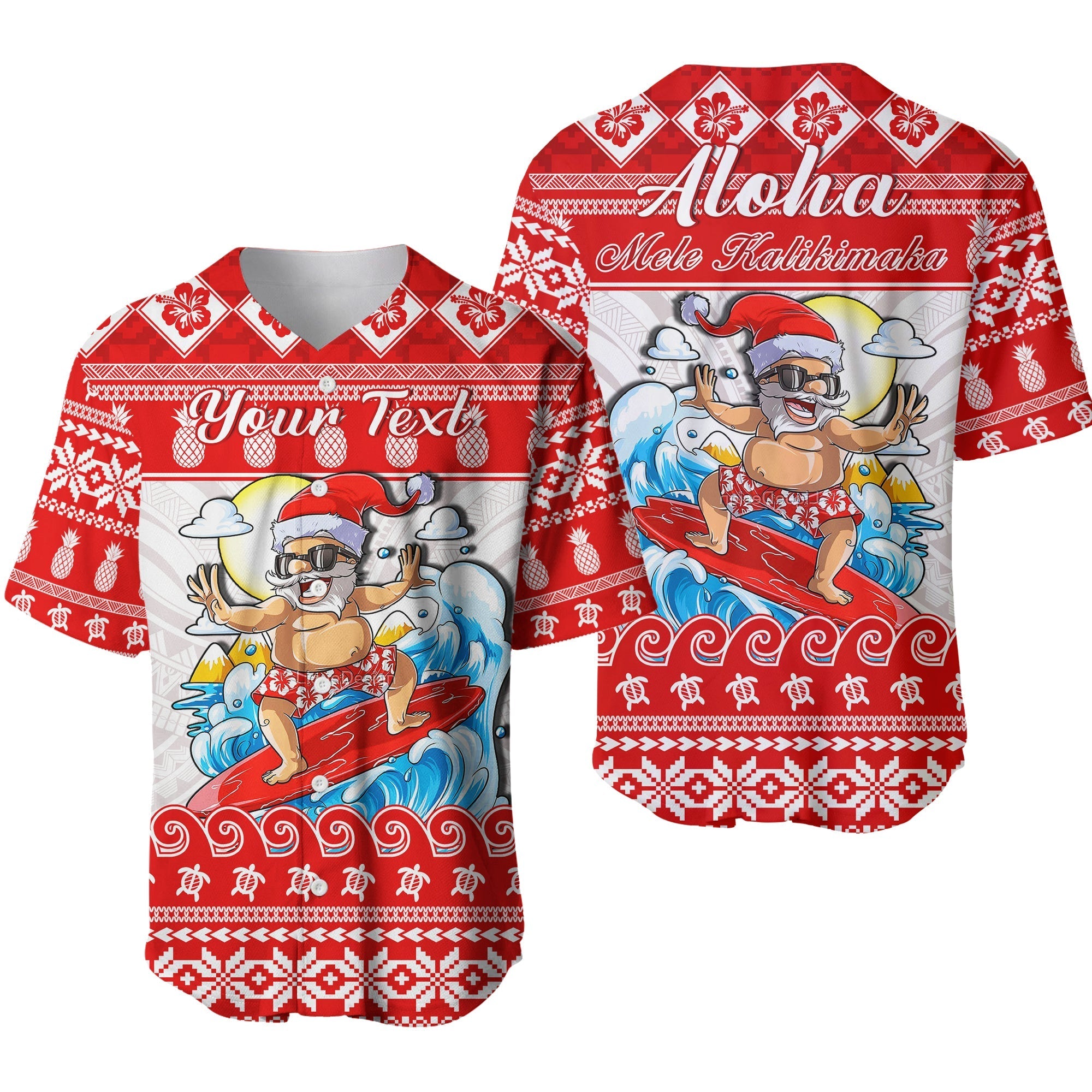 Custom Personalised Hawaii Christmas Baseball Jersey Surfing Santa Mele Kalikimaka Polynesian - Wonder Print Shop