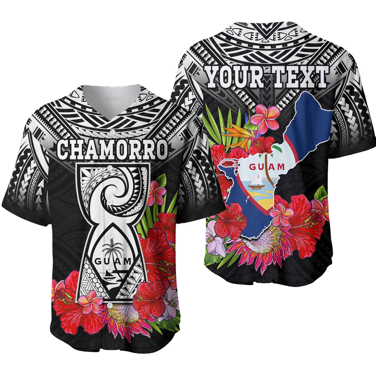 Black baseball jersey with CHAMORRO text, framed A logo, and colorful floral print