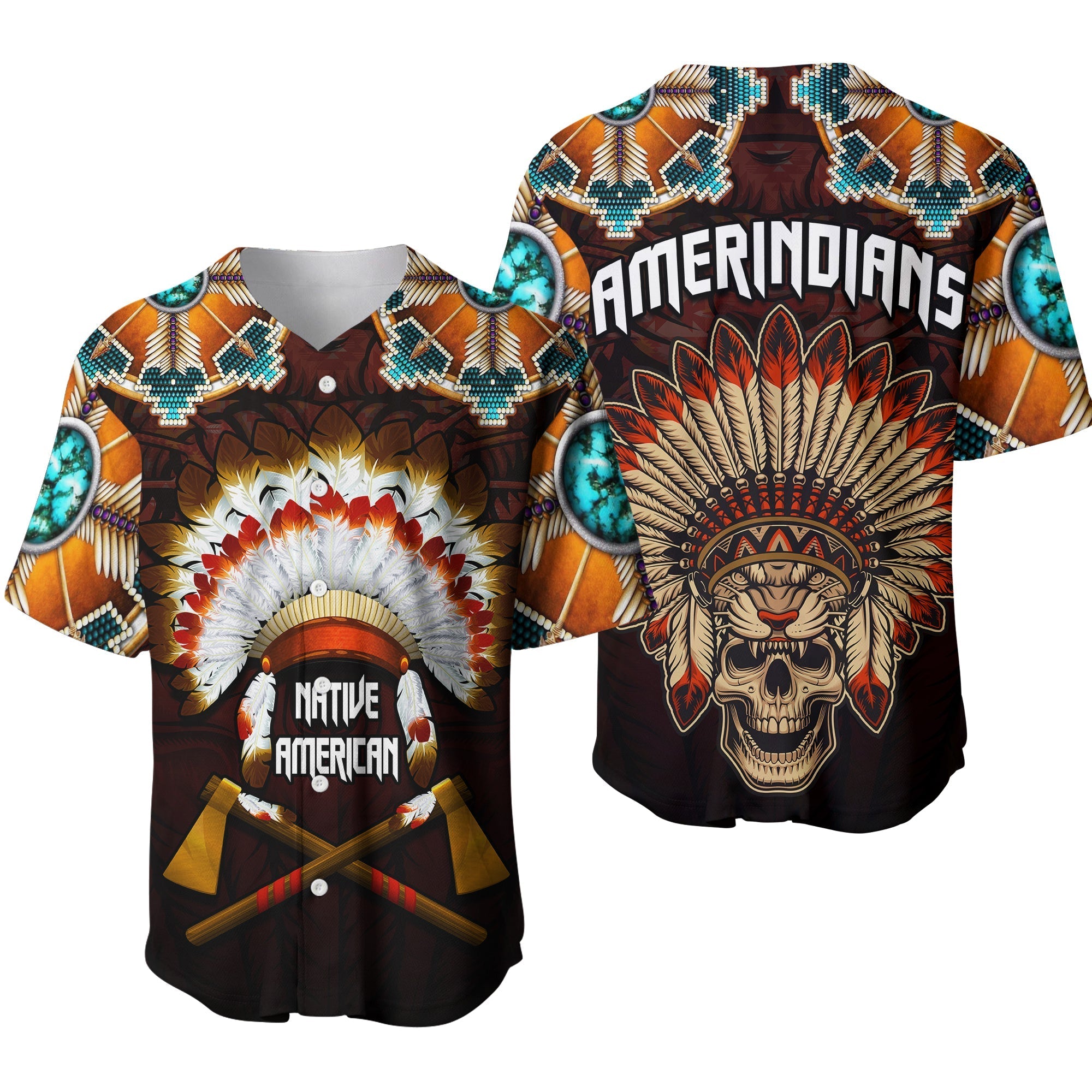 The First Americans Baseball Jersey Indian Headdress With Skull LT13 - Wonder Print Shop