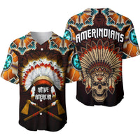 Black baseball jersey with Native American headdress and skull front graphic, short sleeves