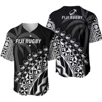 Black Fiji Rugby jersey with V-neck collar, white patterned panels and team graphic