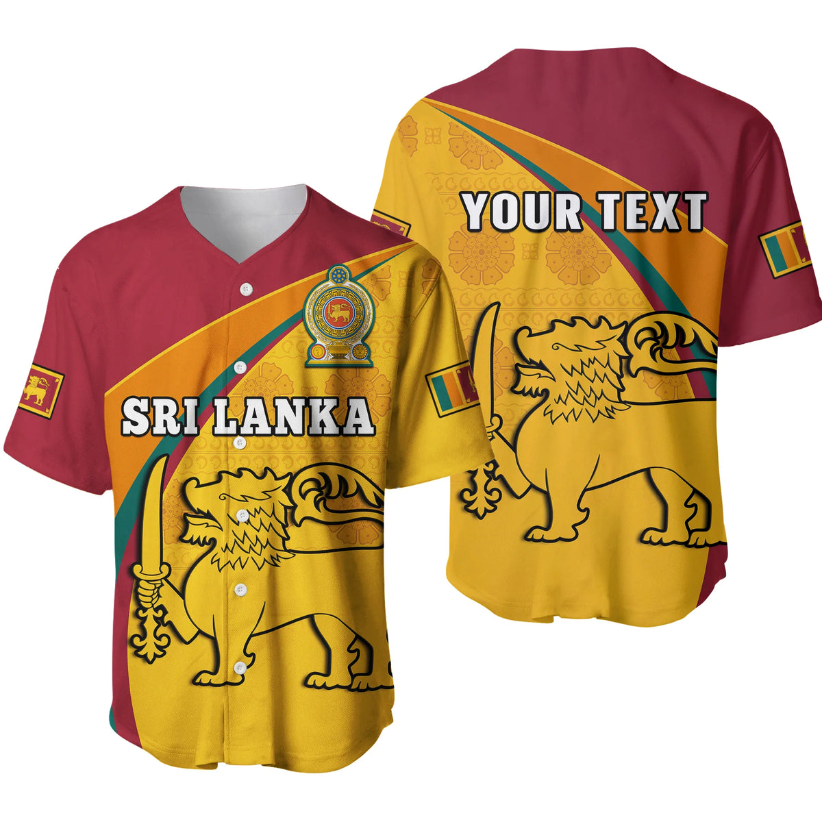 Two baseball jerseys: red-and-gold front with 'SRI LANKA', and back with 'YOUR TEXT'.