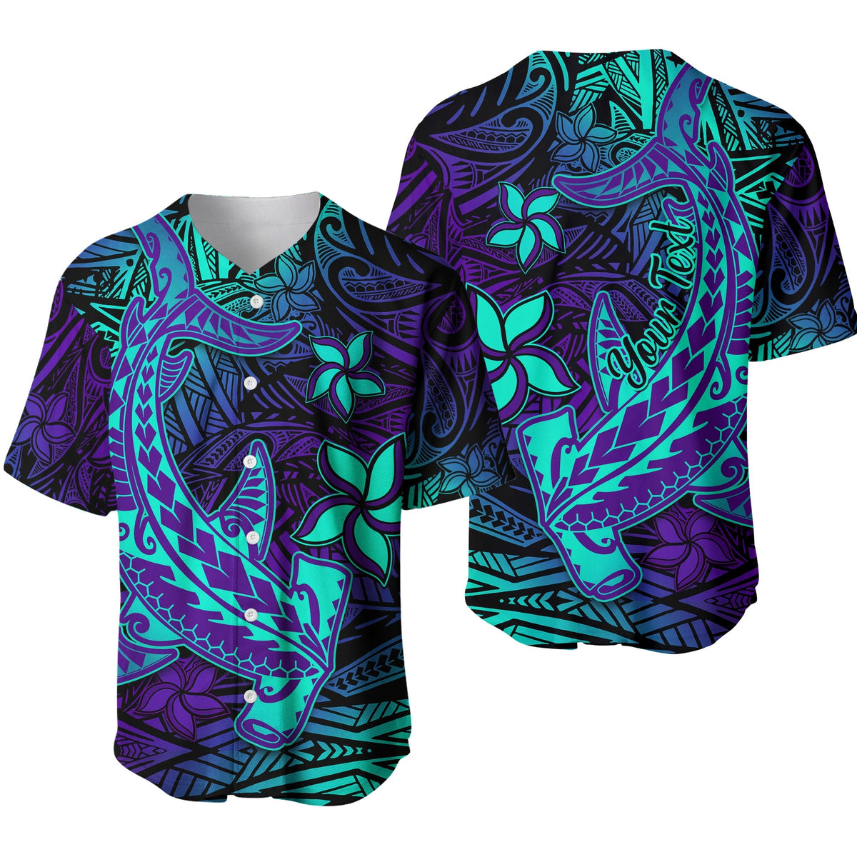 Purple Polynesian-style baseball jersey with turquoise floral and hammerhead shark print