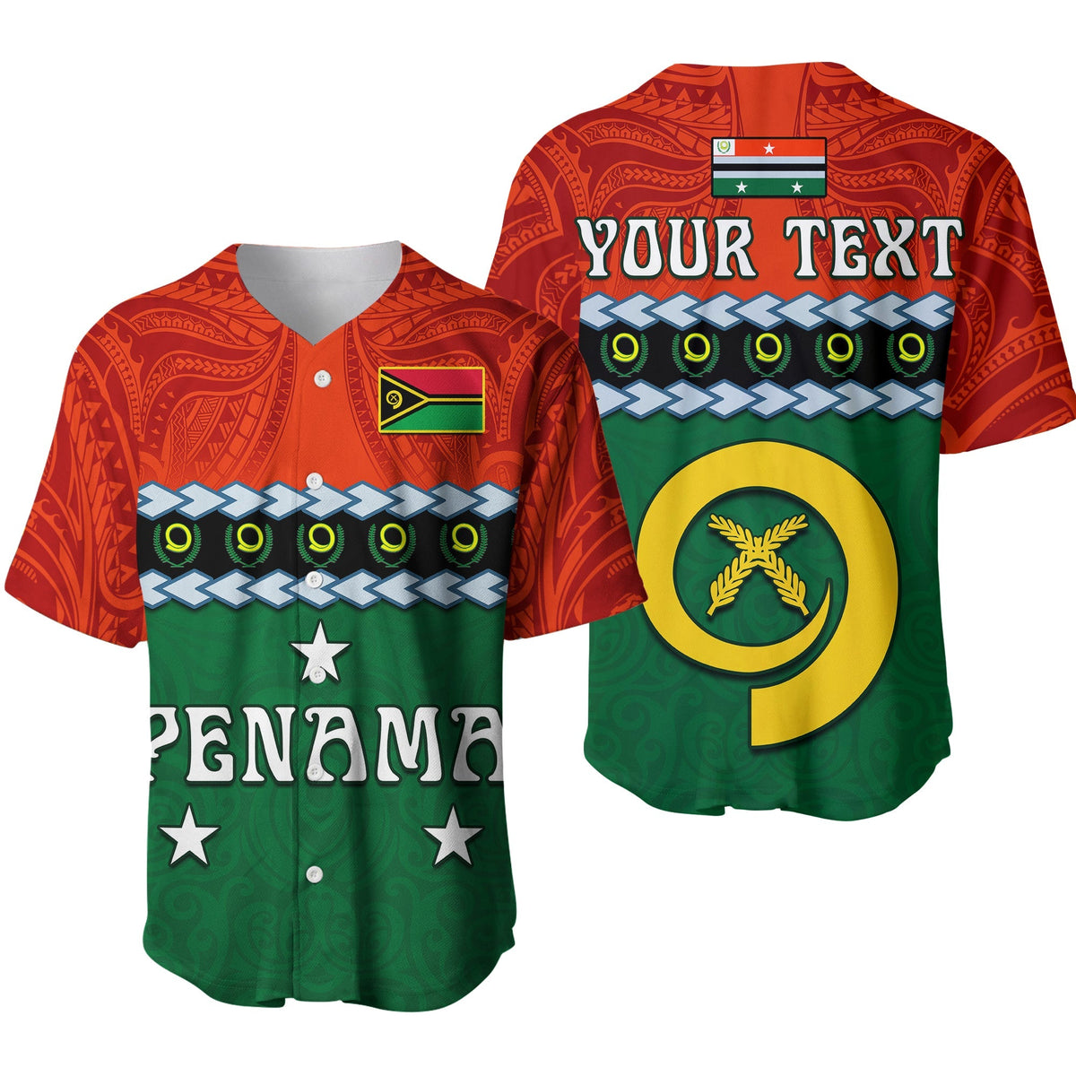 Green baseball jersey w/ orange sleeves, Vanuatu flag print and star accents