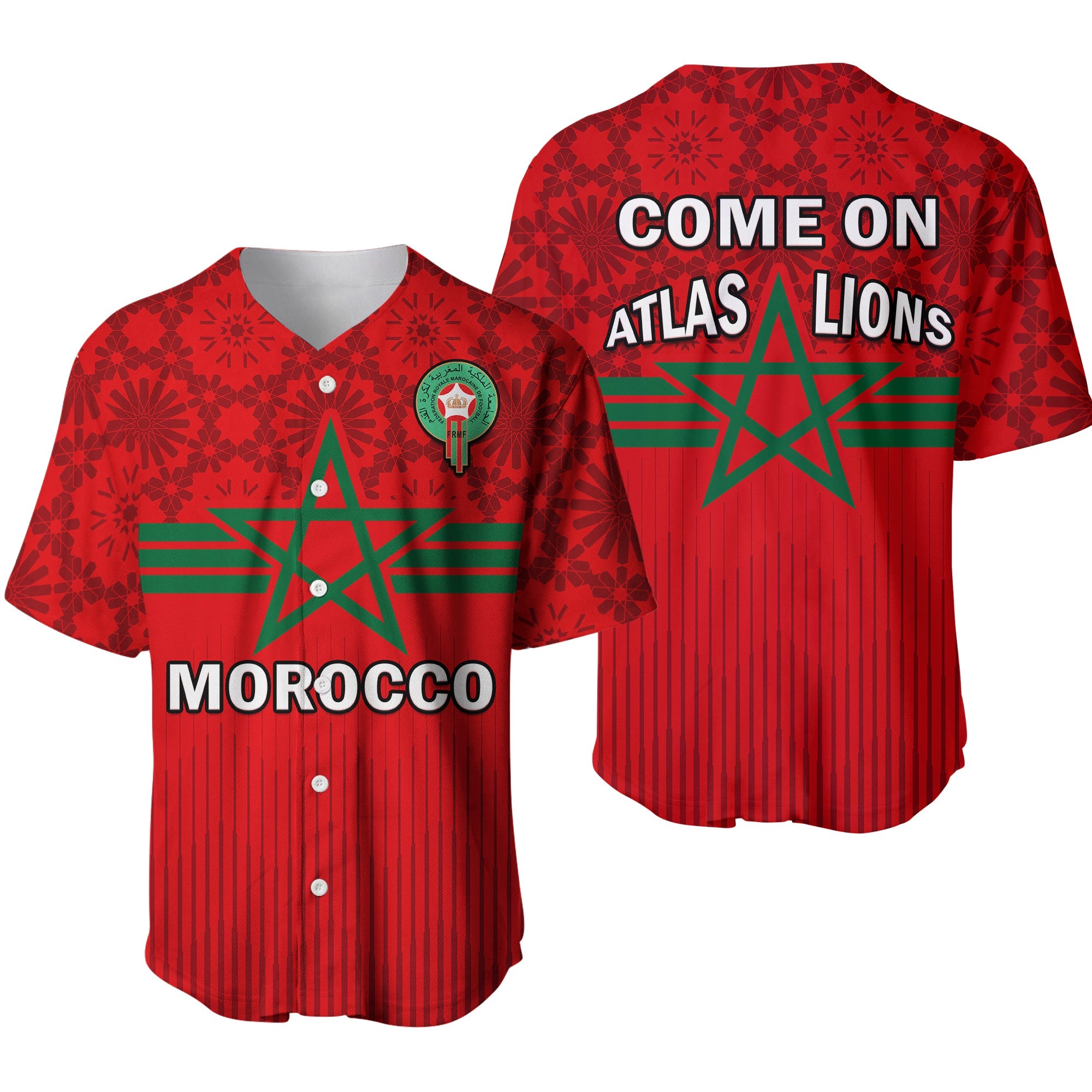 Morocco Football Baseball Jersey World Cup 2022 Red Moroccan Pattern - Wonder Print Shop