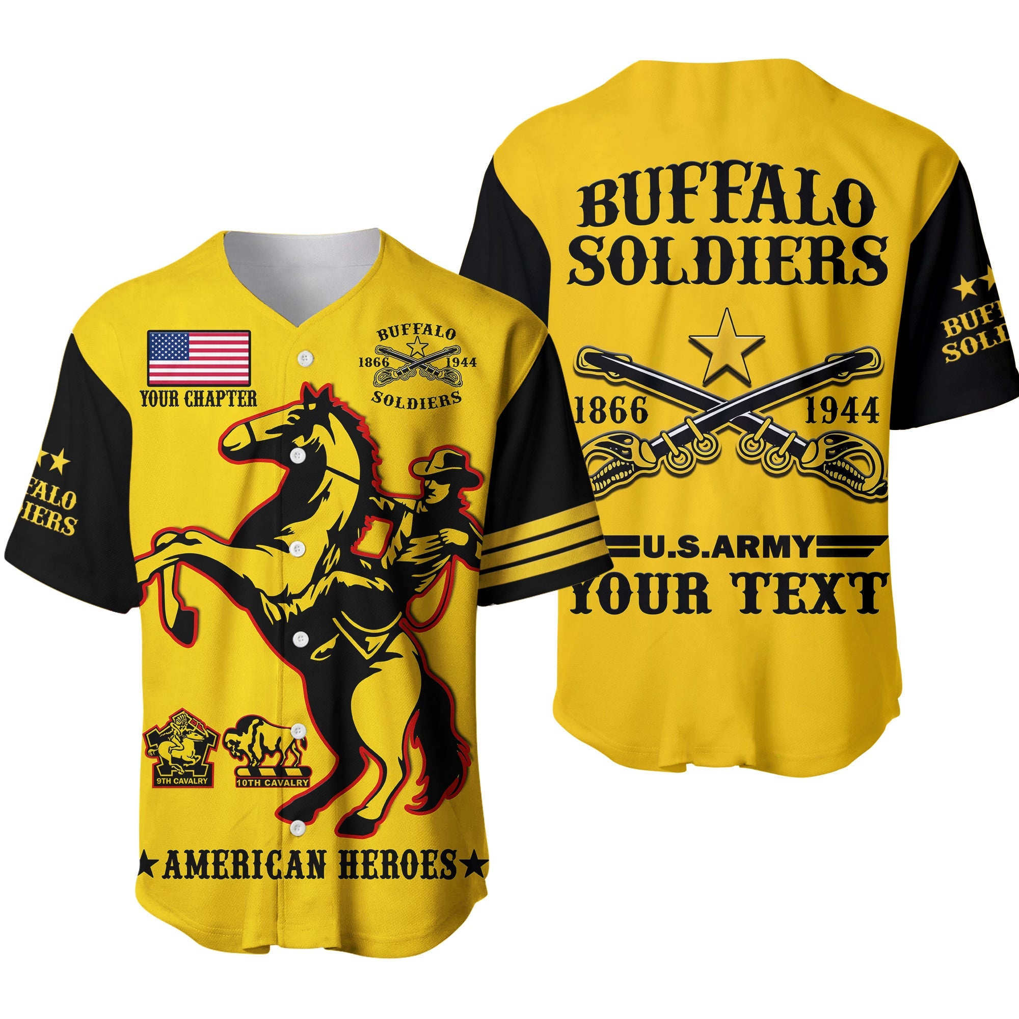 (Custom Text And Chapter) Buffalo Soldiers Baseball Jersey BSMC United States Army Yellow Ver.01 - Wonder Print Shop