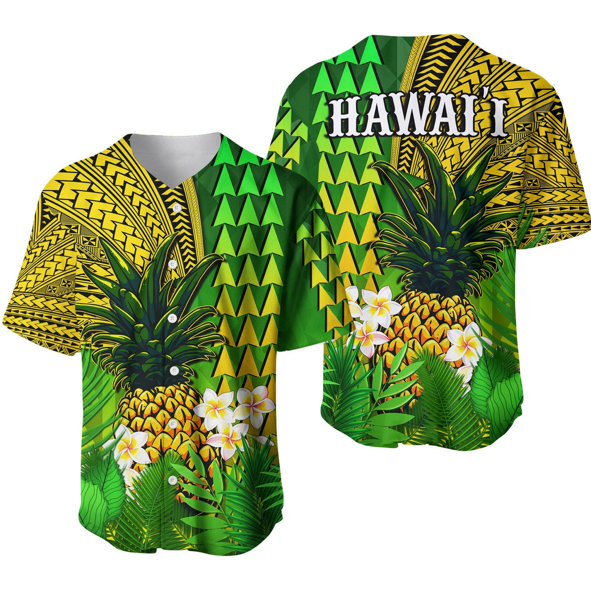 Green baseball jersey with Hawaiian tribal pattern, pineapples and plumeria flowers