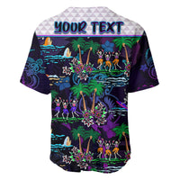 Purple back baseball jersey with 'YOUR TEXT' across yoke, skeleton dancers, tropical print