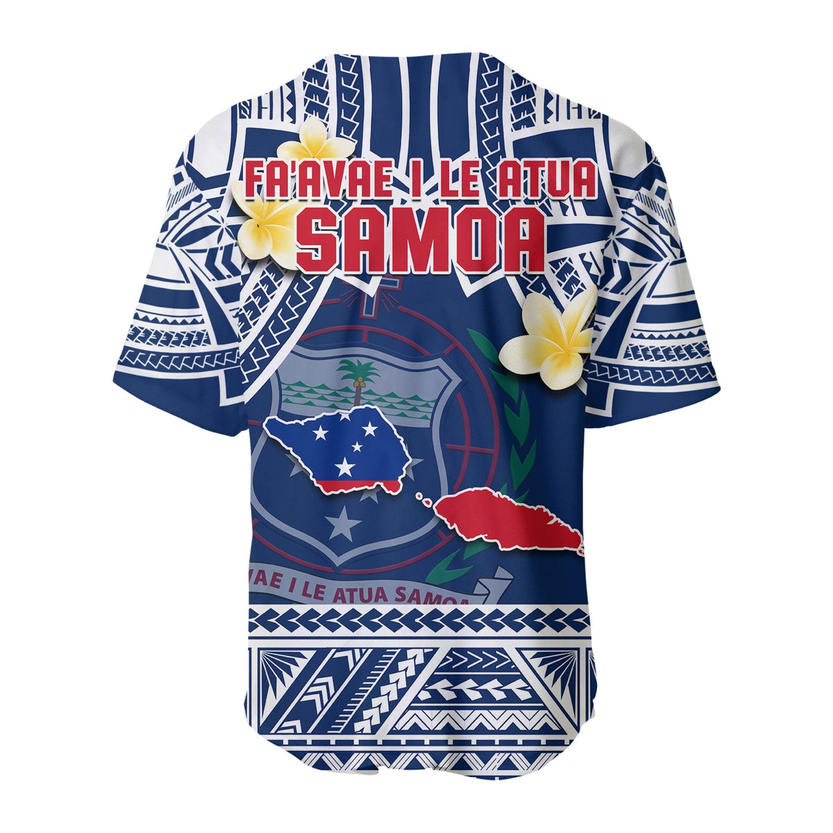 Back view blue Samoa baseball jersey with FA'AVAE LE ATUA SAMOA text and plumerias
