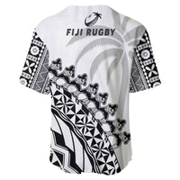 White rugby baseball jersey back view with FIJI RUGBY text and black geometric pattern