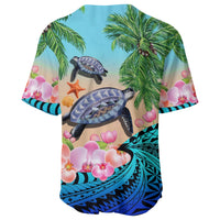 Blue tropical baseball jersey with large turtle, starfish, palm trees and orchids