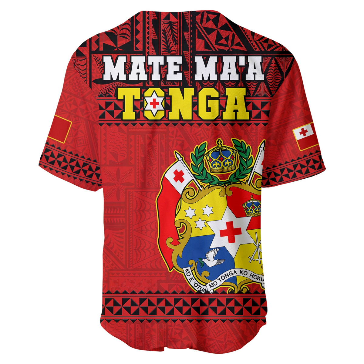 Red rugby jersey back with large 'MATE MA'A TONGA' text and crest graphic